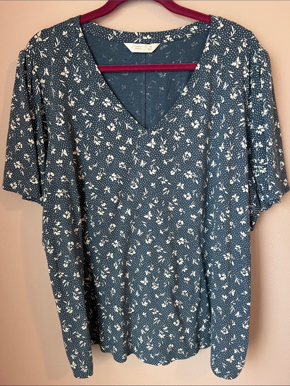 LC Lauren Conrad Teal Blue Floral V-Neck Short Sleeve Blouse